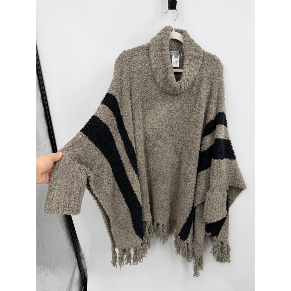 Barefoot Dreams CozyChic Poncho OS Gray Black Stripe beach Fringe Turtleneck 627